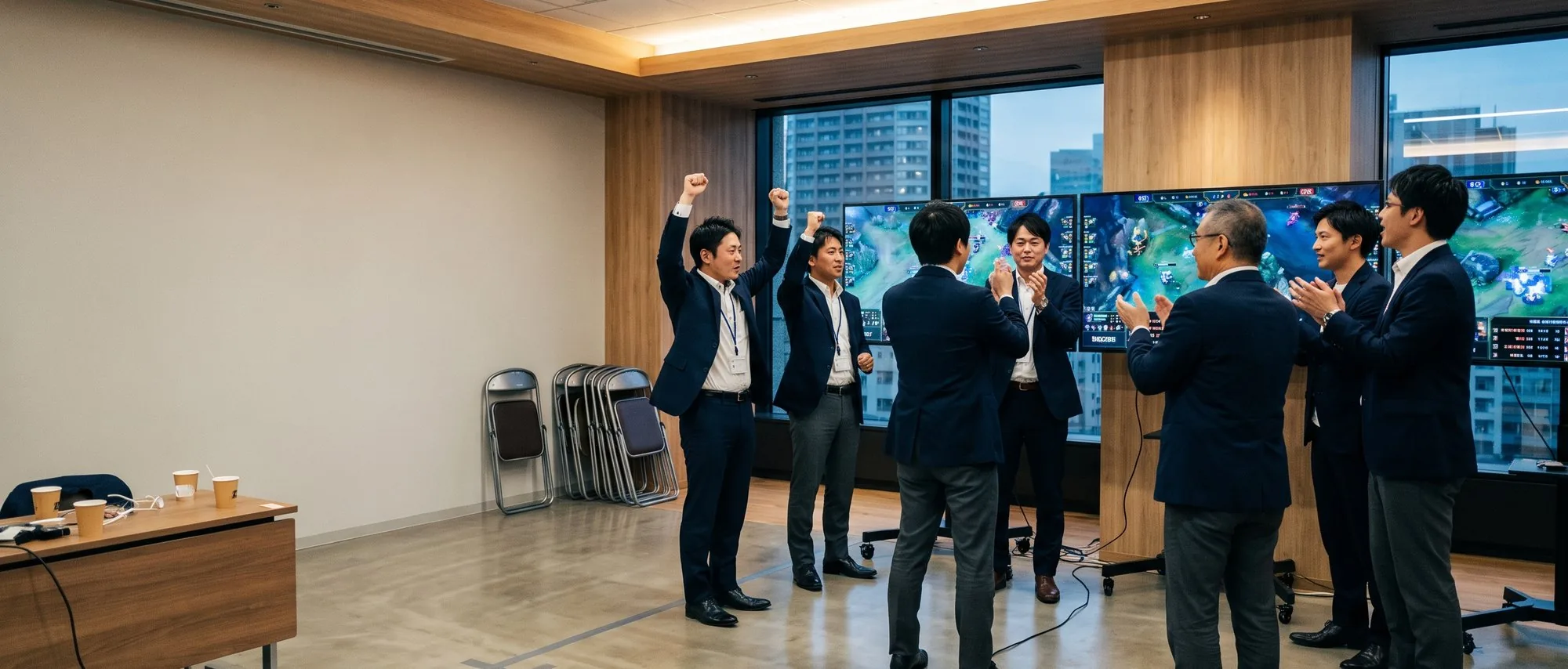 eスポーツ社内レクリエーションの実施風景。モニターの前で拠点や部署の違う社員が一緒に沸いている場面