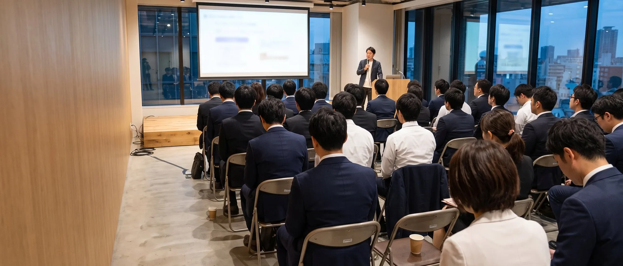 客席から見た会場。前方のスクリーンと司会者