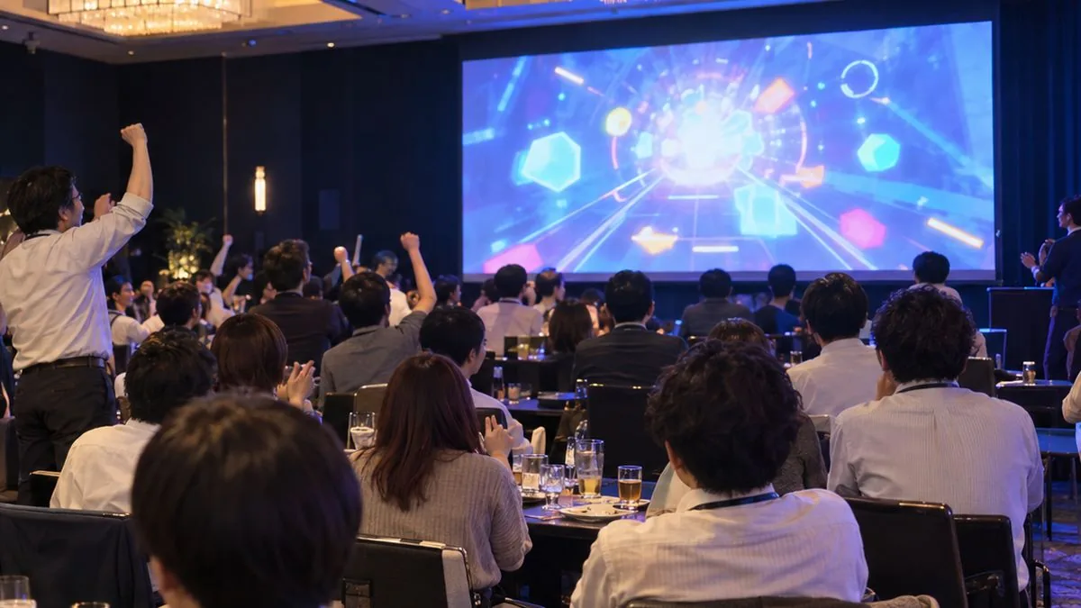 会場に集まってスクリーンを見ている実施風景